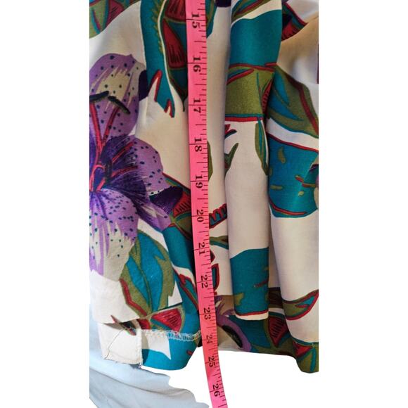 Vintage 80s Tropical Floral Blouse Tie Front Purple Teal Shoulder Pads Top M - Picture 4 of 14